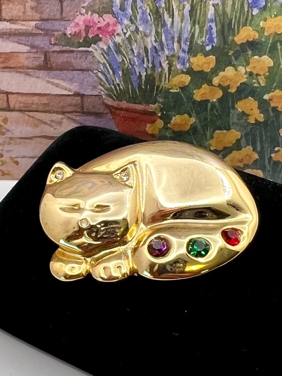 Costume Jewelry Jewelry - Gold Cat Brooch with Mughal Tone Accents